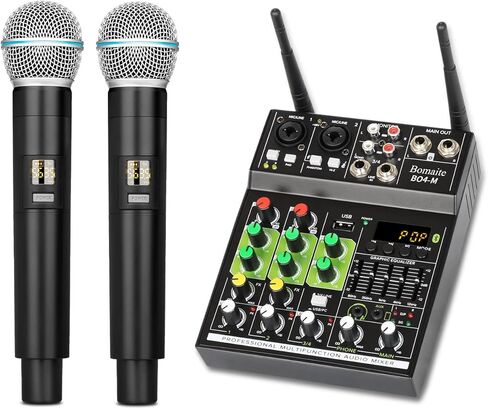 Bomaite BO4-M مجموعة نظام مزج ميكروفون الكاريوكي المحمول، خلاط 4 قنوات مع ميكروفون لاسلكي مزدوج، واجهة USB بلوتوث MP3 في الغناء للتلفزيون الذكي، الكمبيوتر الشخصي، KTV، المسرح المنزلي، مكبر الصوت، مكبر الصوت in Kuwait