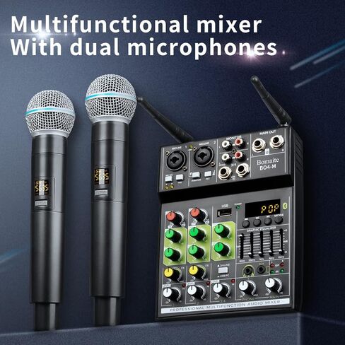Bomaite BO4-M مجموعة نظام مزج ميكروفون الكاريوكي المحمول، خلاط 4 قنوات مع ميكروفون لاسلكي مزدوج، واجهة USB بلوتوث MP3 في الغناء للتلفزيون الذكي، الكمبيوتر الشخصي، KTV، المسرح المنزلي، مكبر الصوت، مكبر الصوت in Kuwait