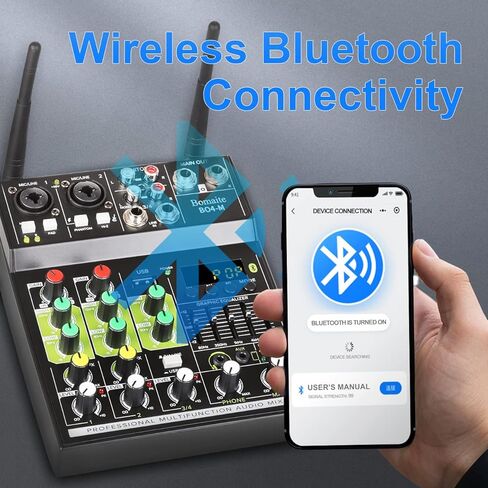 Bomaite BO4-M مجموعة نظام مزج ميكروفون الكاريوكي المحمول، خلاط 4 قنوات مع ميكروفون لاسلكي مزدوج، واجهة USB بلوتوث MP3 في الغناء للتلفزيون الذكي، الكمبيوتر الشخصي، KTV، المسرح المنزلي، مكبر الصوت، مكبر الصوت in Kuwait