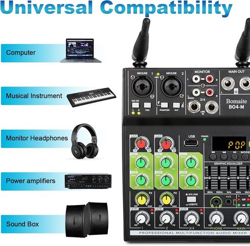 Bomaite BO4-M مجموعة نظام مزج ميكروفون الكاريوكي المحمول، خلاط 4 قنوات مع ميكروفون لاسلكي مزدوج، واجهة USB بلوتوث MP3 في الغناء للتلفزيون الذكي، الكمبيوتر الشخصي، KTV، المسرح المنزلي، مكبر الصوت، مكبر الصوت in Kuwait