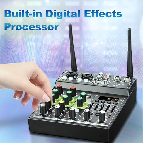 Bomaite BO4-M مجموعة نظام مزج ميكروفون الكاريوكي المحمول، خلاط 4 قنوات مع ميكروفون لاسلكي مزدوج، واجهة USB بلوتوث MP3 في الغناء للتلفزيون الذكي، الكمبيوتر الشخصي، KTV، المسرح المنزلي، مكبر الصوت، مكبر الصوت in Kuwait