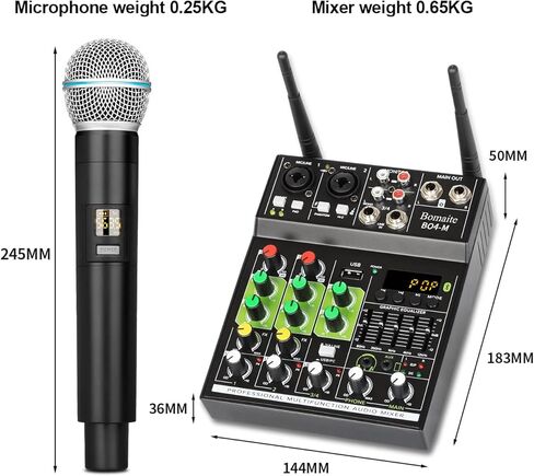Bomaite BO4-M مجموعة نظام مزج ميكروفون الكاريوكي المحمول، خلاط 4 قنوات مع ميكروفون لاسلكي مزدوج، واجهة USB بلوتوث MP3 في الغناء للتلفزيون الذكي، الكمبيوتر الشخصي، KTV، المسرح المنزلي، مكبر الصوت، مكبر الصوت in Kuwait