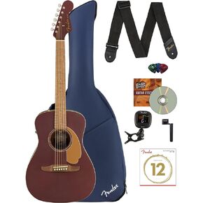 حزمة جيتار كهربائي صوتي من Fender Malibu Player مع حقيبة أزعج زرقاء منتصف الليل، وحزام، وموالف مشبك، وأوتار، ولفاف سلسلة، ولقطات، وأقراص DVD التعليمية لأوستن بازار - Sunburst in Saudi Arabia
