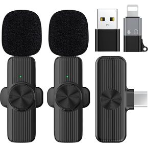 RoyAroma 2Pcs Wireless Lavalier Microphone Compatible with Android Phone/iPhone/iPad/Laptop, Plug-Play Lapel Clip-On Mini Mic with Noise Reduction for Vlog Interview YouTube 65ft