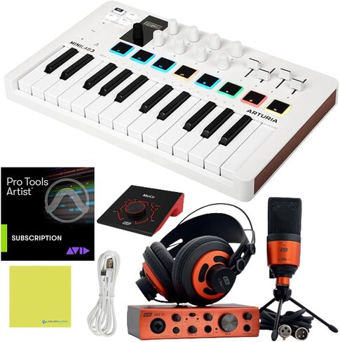 حزمة معدات استوديو تسجيل وحدة تحكم لوحة المفاتيح Arturia MiniLab 3 MIDI - واجهة صوت USB ESI، ميكروفون مكثف XLR، وحدة تحكم الشاشة السلبية، سماعات رأس الاستوديو واشتراك Avid Pro in Saudi Arabia