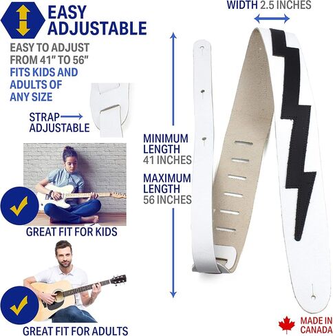 Perri’s Leathers Ltd. - Guitar Strap - Leather - The Famous Collection - Padded - Wide - Music Notes - Black/White - Adjustable - For Acoustic / Bass / Electric Guitars - Made in Canada (BM35PD-7531) in Saudi Arabia