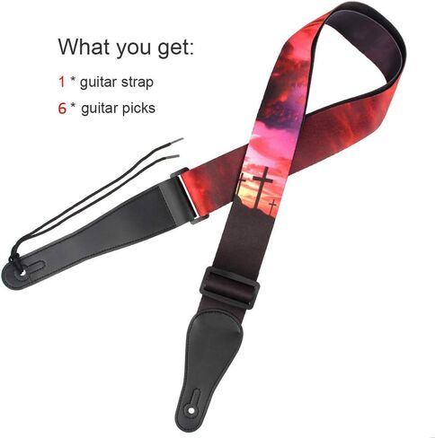 حزام جيتار للصوتيات - حزام كلاسيكي للجيتار الكلاسيكي والكهربائي حزام قطن بوليستر ناعم قابل للتعديل مع ريشة جيتار مجانية (صن سيت) in Kuwait