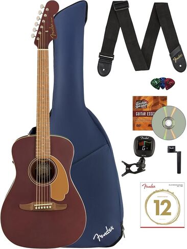 حزمة جيتار كهربائي صوتي من Fender Malibu Player مع حقيبة أزعج زرقاء منتصف الليل، وحزام، وموالف مشبك، وأوتار، ولفاف سلسلة، ولقطات، وأقراص DVD التعليمية لأوستن بازار - Sunburst in Saudi Arabia