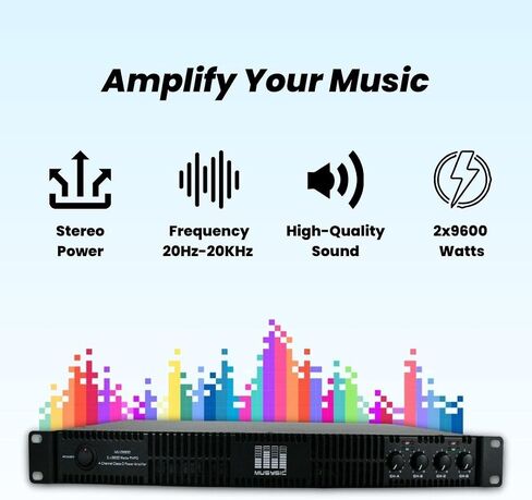 مضخم صوت احترافي ذو 4 قنوات من MUSYSIC - 2x9600 واط D-Class 1U Power Amp MU-D9600 مضخم صوت عالي الأداء مع قوة ستيريو وجسر للاستخدام الاحترافي في الحفلات الموسيقية والوظائف وفي المنزل in Kuwait