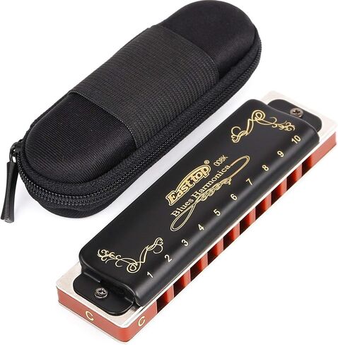 Diatonic Blues Harmonica 10 Holes Blues Harmonica 20 tones black T008K with Case，More Professional Harmonica for Beginner ，Students，Adults and Professional Player (Key of A) in Kuwait