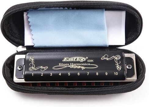 Diatonic Blues Harmonica 10 Holes Blues Harmonica 20 tones black T008K with Case，More Professional Harmonica for Beginner ，Students，Adults and Professional Player (Key of A) in Kuwait