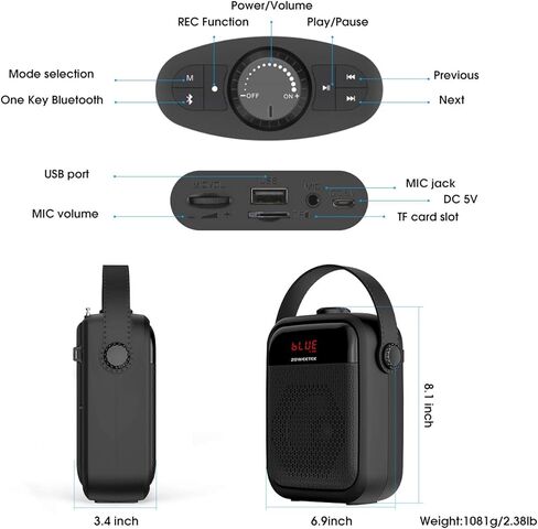 ZOWEETEK مضخم صوت لاسلكي بلوتوث مع 2 ميكروفون، 25 وات، مكبر صوت محمول بنظام PA للمعلمين والمرشدين السياحيين والمدربين والاجتماعات واليوجا واللياقة البدنية وفي الهواء الطلق. in Kuwait
