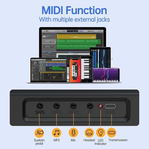 لوحة مفاتيح بيانو قابلة للطي، 88 مفتاحًا بيانو كامل الحجم شبه مرجح قابل للطي، يدعم واجهة MIDI USB، بيانو محمول بلوتوث مع ورقة شاشة LCD، ملصق حامل الموسيقى، دواسة مستدامة للأطفال المبتدئين in Kuwait