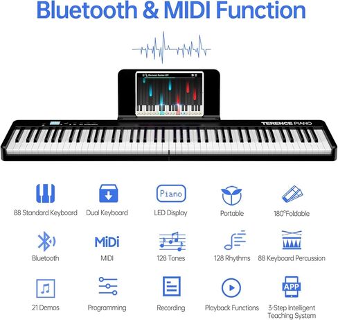 لوحة مفاتيح بيانو قابلة للطي، 88 مفتاحًا بيانو كامل الحجم شبه مرجح قابل للطي، يدعم واجهة MIDI USB، بيانو محمول بلوتوث مع ورقة شاشة LCD، ملصق حامل الموسيقى، دواسة مستدامة للأطفال المبتدئين in Kuwait