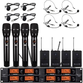 نظام ميكروفون لاسلكي بتردد بي 8 قنوات UHF 4 ميكروفون محمول باليد 4 سماعات راس 4 لافالير بودي باك 4 ميكروفون طية صدر السترة نظام كاريوكي صوتي احترافي للتحدث في الكنيسة والمؤتمرات وحفلات الزفاف - in Kuwait