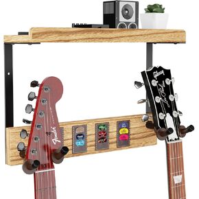 حامل جدار جيتار ميراتينو مع خطافين مطاطيين قابلين للتدوير، شماعة حائط خشبية للجيتار مع رف تخزين وحامل اختيار جلدي، حامل جيتار مثبت على الحائط للجيتار الكهربائي الصوتي، القيثارة، الجهير in Kuwait