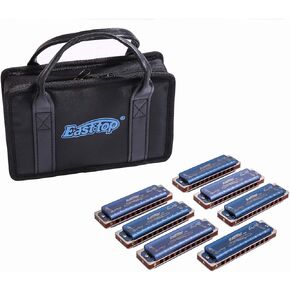 Harmonica Set 7 key blues harp 008K Professional Diatonic Harmonicas 10 Holes 20 Tones Harmonica for Professional Player,Beginner,Students with Black Gift Bag (Blue-7keys)
