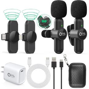 Wireless Lavalier Microphones for iPhone ipad Android, (2 Mics with 2 Receivers) 2.4Hz Plug-Play Reverberation,Auto-Sync Lapel Microphone for Facebook, YouTube,TikTok,Video Recording,Vloggers