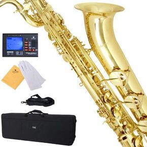 Mendini by Cecilio MBS-30L+92D Lacquer Yellow Brass Intermediate E Flat Baritone Saxophone with Tuner, Pro-Deluxe Case, Mouthpiece and Neck Strap in Kuwait