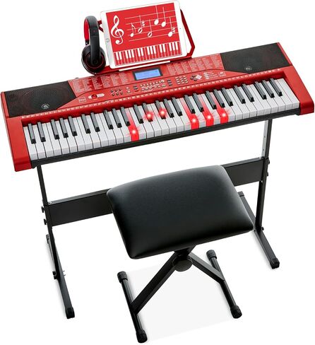 Best Choice Products 61-Key Beginners Complete Electronic Keyboard Piano Set w/Lighted Keys, LCD Screen, Headphones, Stand, Bench, Teaching Modes, Note Stickers, Built-In Speakers - Blue in Saudi Arabia