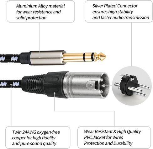 كابل Sound Harbour XLR إلى 1/4 بطول 10 أقدام، TRS 6.35 مم إلى مقبس ذكر XLR - كابل توصيل متوازن مجدول من النايلون in Kuwait