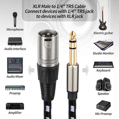 كابل Sound Harbour XLR إلى 1/4 بطول 10 أقدام، TRS 6.35 مم إلى مقبس ذكر XLR - كابل توصيل متوازن مجدول من النايلون in Kuwait