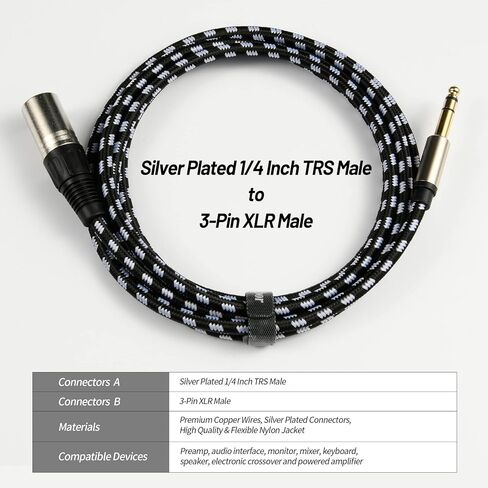 كابل Sound Harbour XLR إلى 1/4 بطول 10 أقدام، TRS 6.35 مم إلى مقبس ذكر XLR - كابل توصيل متوازن مجدول من النايلون in Kuwait