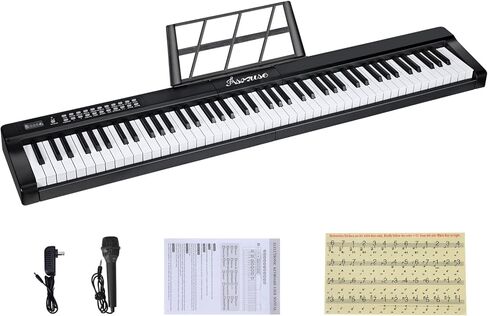Asmuse 88 Key Keyboard Piano، لوحة مفاتيح بيانو محمولة مع ميكروفون، حامل موسيقى، ملصقات ملاحظات البيانو، مكبرات صوت مدمجة وأوضاع تعليمية، بيانو كهربائي للمبتدئين والبالغين in Kuwait