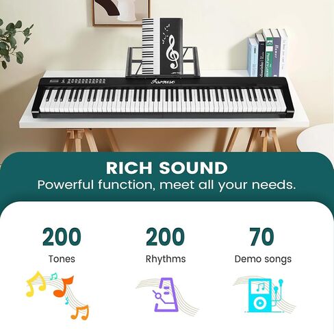 Asmuse 88 Key Keyboard Piano، لوحة مفاتيح بيانو محمولة مع ميكروفون، حامل موسيقى، ملصقات ملاحظات البيانو، مكبرات صوت مدمجة وأوضاع تعليمية، بيانو كهربائي للمبتدئين والبالغين in Kuwait