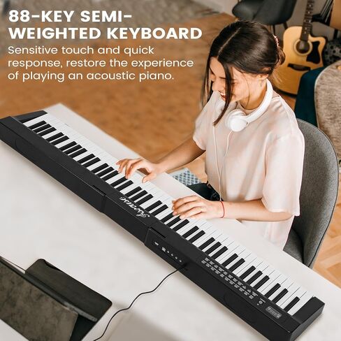 Asmuse 88 Key Keyboard Piano، لوحة مفاتيح بيانو محمولة مع ميكروفون، حامل موسيقى، ملصقات ملاحظات البيانو، مكبرات صوت مدمجة وأوضاع تعليمية، بيانو كهربائي للمبتدئين والبالغين in Kuwait