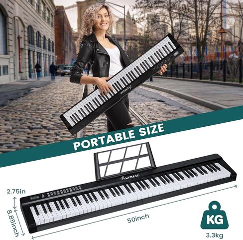 Asmuse 88 Key Keyboard Piano، لوحة مفاتيح بيانو محمولة مع ميكروفون، حامل موسيقى، ملصقات ملاحظات البيانو، مكبرات صوت مدمجة وأوضاع تعليمية، بيانو كهربائي للمبتدئين والبالغين in Kuwait