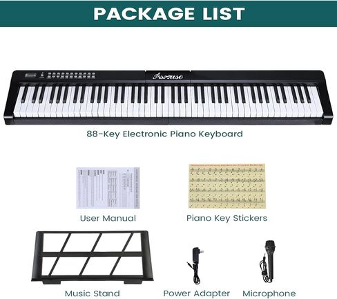 Asmuse 88 Key Keyboard Piano، لوحة مفاتيح بيانو محمولة مع ميكروفون، حامل موسيقى، ملصقات ملاحظات البيانو، مكبرات صوت مدمجة وأوضاع تعليمية، بيانو كهربائي للمبتدئين والبالغين in Kuwait