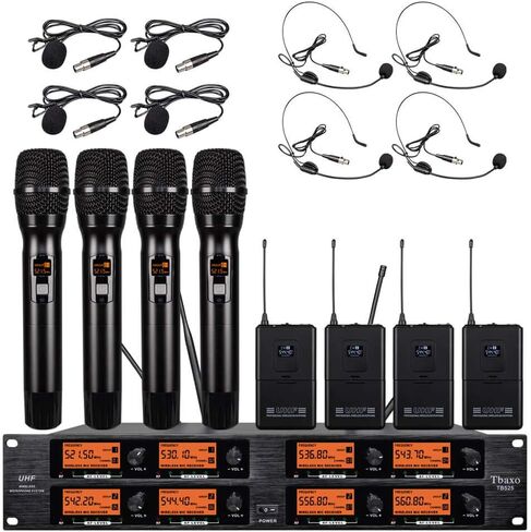نظام ميكروفون لاسلكي بتردد بي 8 قنوات UHF 4 ميكروفون محمول باليد 4 سماعات راس 4 لافالير بودي باك 4 ميكروفون طية صدر السترة نظام كاريوكي صوتي احترافي للتحدث في الكنيسة والمؤتمرات وحفلات الزفاف - in Kuwait