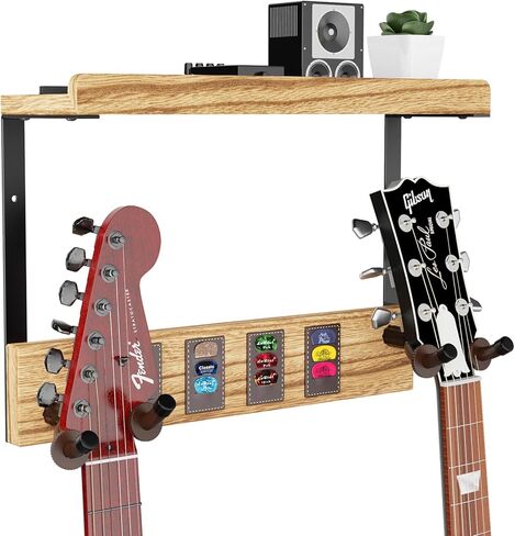 حامل جدار جيتار ميراتينو مع خطافين مطاطيين قابلين للتدوير، شماعة حائط خشبية للجيتار مع رف تخزين وحامل اختيار جلدي، حامل جيتار مثبت على الحائط للجيتار الكهربائي الصوتي، القيثارة، الجهير in Kuwait