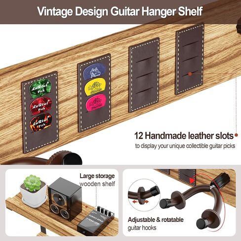 حامل جدار جيتار ميراتينو مع خطافين مطاطيين قابلين للتدوير، شماعة حائط خشبية للجيتار مع رف تخزين وحامل اختيار جلدي، حامل جيتار مثبت على الحائط للجيتار الكهربائي الصوتي، القيثارة، الجهير in Kuwait