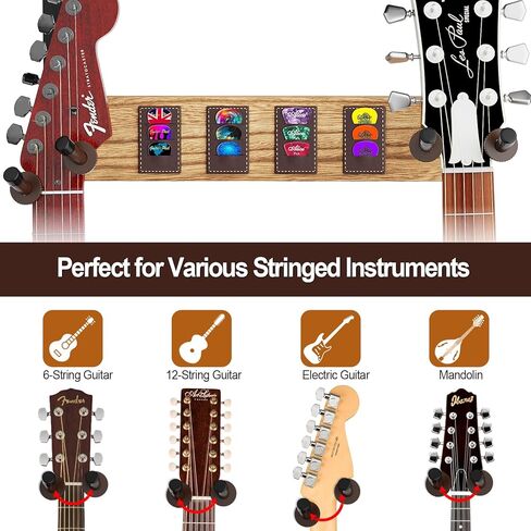 حامل جدار جيتار ميراتينو مع خطافين مطاطيين قابلين للتدوير، شماعة حائط خشبية للجيتار مع رف تخزين وحامل اختيار جلدي، حامل جيتار مثبت على الحائط للجيتار الكهربائي الصوتي، القيثارة، الجهير in Kuwait