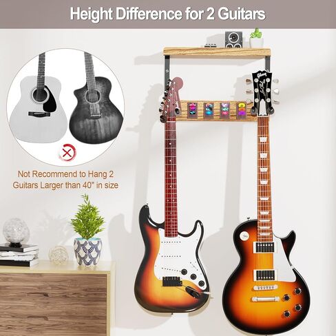 حامل جدار جيتار ميراتينو مع خطافين مطاطيين قابلين للتدوير، شماعة حائط خشبية للجيتار مع رف تخزين وحامل اختيار جلدي، حامل جيتار مثبت على الحائط للجيتار الكهربائي الصوتي، القيثارة، الجهير in Kuwait