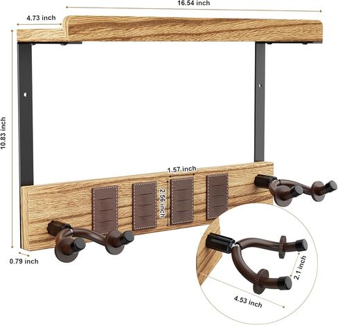 حامل جدار جيتار ميراتينو مع خطافين مطاطيين قابلين للتدوير، شماعة حائط خشبية للجيتار مع رف تخزين وحامل اختيار جلدي، حامل جيتار مثبت على الحائط للجيتار الكهربائي الصوتي، القيثارة، الجهير in Kuwait