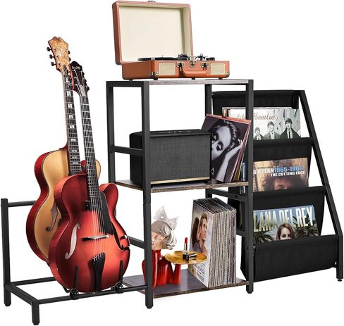 BOEASTER Guitar Stand 2-Tier for Acoustic, Electric Guitar, Bass, Record Player Stand with Vinyl Records Storage Up to 200 Albums, Guitar Rack with Amp Stand for Studio, Living Room Bedroom in Kuwait