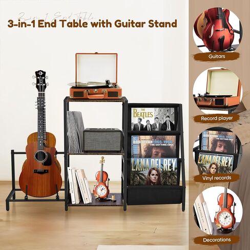 BOEASTER Guitar Stand 2-Tier for Acoustic, Electric Guitar, Bass, Record Player Stand with Vinyl Records Storage Up to 200 Albums, Guitar Rack with Amp Stand for Studio, Living Room Bedroom in Kuwait