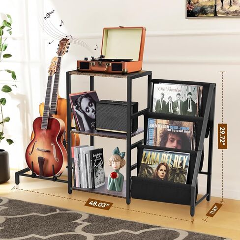 BOEASTER Guitar Stand 2-Tier for Acoustic, Electric Guitar, Bass, Record Player Stand with Vinyl Records Storage Up to 200 Albums, Guitar Rack with Amp Stand for Studio, Living Room Bedroom in Kuwait