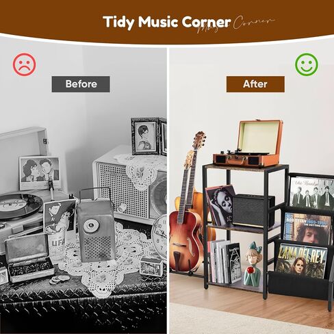 BOEASTER Guitar Stand 2-Tier for Acoustic, Electric Guitar, Bass, Record Player Stand with Vinyl Records Storage Up to 200 Albums, Guitar Rack with Amp Stand for Studio, Living Room Bedroom in Kuwait