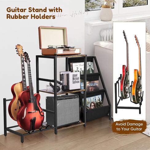 BOEASTER Guitar Stand 2-Tier for Acoustic, Electric Guitar, Bass, Record Player Stand with Vinyl Records Storage Up to 200 Albums, Guitar Rack with Amp Stand for Studio, Living Room Bedroom in Kuwait