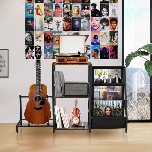 BOEASTER Guitar Stand 2-Tier for Acoustic, Electric Guitar, Bass, Record Player Stand with Vinyl Records Storage Up to 200 Albums, Guitar Rack with Amp Stand for Studio, Living Room Bedroom in Kuwait