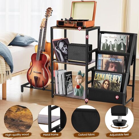 BOEASTER Guitar Stand 2-Tier for Acoustic, Electric Guitar, Bass, Record Player Stand with Vinyl Records Storage Up to 200 Albums, Guitar Rack with Amp Stand for Studio, Living Room Bedroom in Kuwait