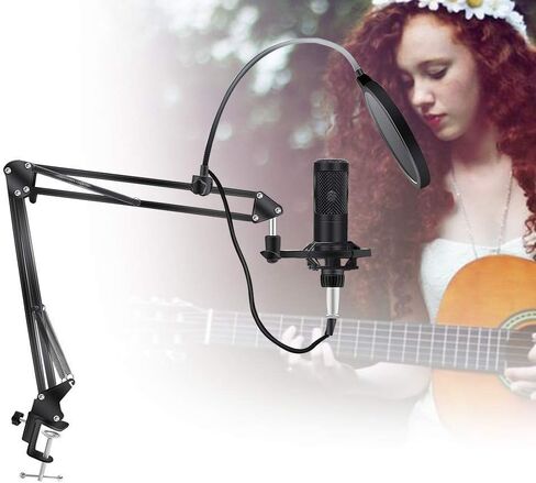 ميكروفون مكثف احترافي بتصميم قلبي الشكل يتضمن حامل ذراع مقص تعليق قابل للتعديل، حامل للصدمات وفلتر بوب للكمبيوتر والكاريوكي والالعاب والتسجيل في الاستوديو والبث in Kuwait