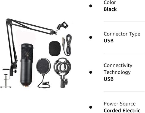ميكروفون مكثف احترافي بتصميم قلبي الشكل يتضمن حامل ذراع مقص تعليق قابل للتعديل، حامل للصدمات وفلتر بوب للكمبيوتر والكاريوكي والالعاب والتسجيل في الاستوديو والبث in Kuwait
