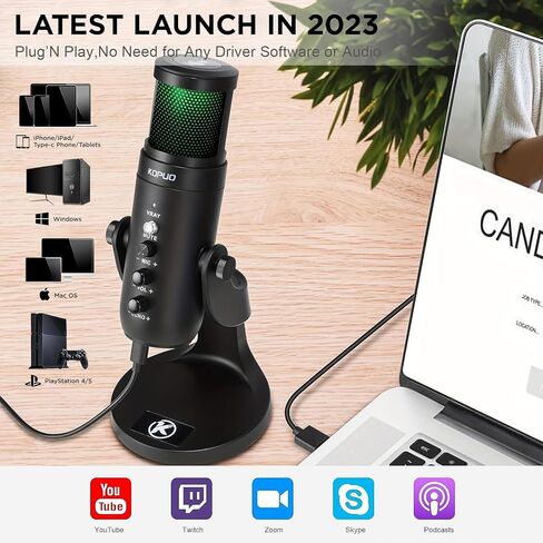 KOPUO RGB USB Gaming/Podcast Computer Microphone, Condenser Desktop Singing PC Mic, Dynamic Heart-Shaped Directional Mics for Radio/Vocal/Voice/PS4/PS5/Mac/YouTube/Live Streaming/Media/Recording in Kuwait