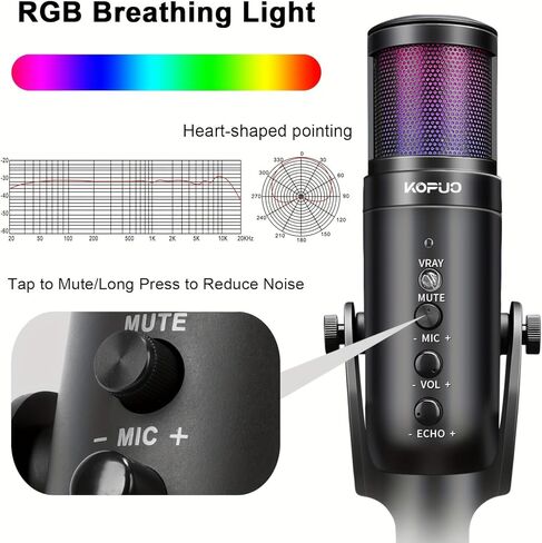KOPUO RGB USB Gaming/Podcast Computer Microphone, Condenser Desktop Singing PC Mic, Dynamic Heart-Shaped Directional Mics for Radio/Vocal/Voice/PS4/PS5/Mac/YouTube/Live Streaming/Media/Recording in Kuwait