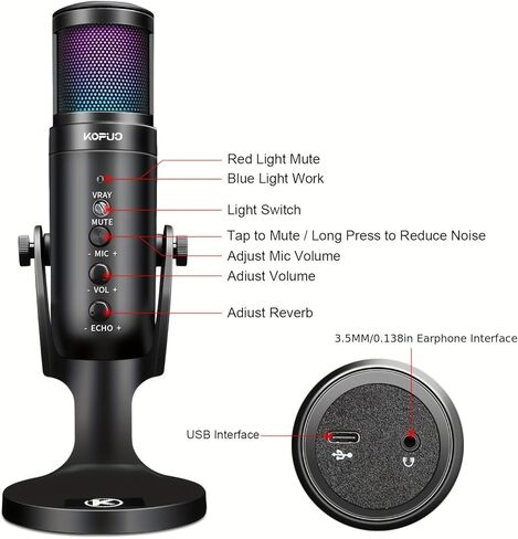 KOPUO RGB USB Gaming/Podcast Computer Microphone, Condenser Desktop Singing PC Mic, Dynamic Heart-Shaped Directional Mics for Radio/Vocal/Voice/PS4/PS5/Mac/YouTube/Live Streaming/Media/Recording in Kuwait